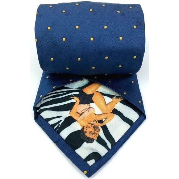 DOLCE & GABBANA Tie Blue Yellow Micro Polka Dots 100% Silk Pin Up Girl Necktie - Picture 2 of 12